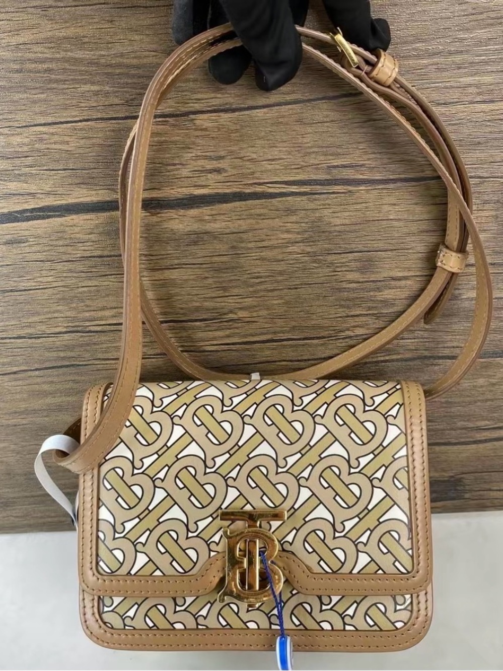 Burberry Tan and Cream Monogram TB Crossbody Bag